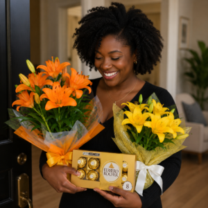 Lírio Oriental (Amarelo ou Laranja) e Ferrero Rocher 8 Unidades