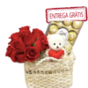 Cestinha Rústica de 7 Rosas Vermelhas, Ursinho Mini e Ferrero Rocher 12 Unidades
