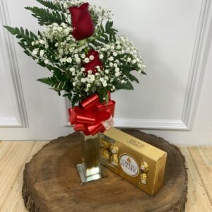 Arranjo Duo Com 2 Rosas Vermelhas e Ferrero Rocher 8 Unidades