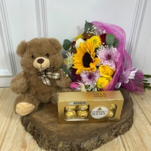 Kit - Buquê de Flores do Campo, Pelúcia 20cm, Ferrero Rocher 8 Unidades