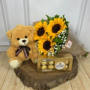 Kit - Buquê de 3 Girassóis, Pelúcia 20cm, Ferrero Rocher 8 Unidades