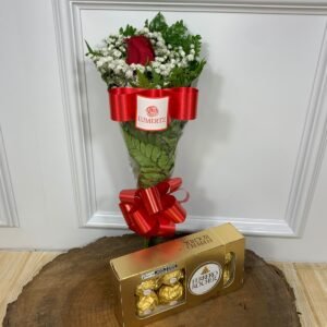 Buquê de 1 Rosa Vermelha e Ferrero Rocher 8 Unidades
