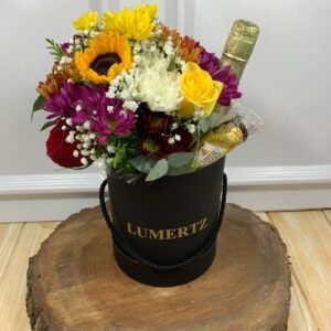 Box Redonda de Flores do Campo, Ferrero Rocher 3 unidades, Freixenet 200ml