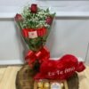 Kit - Buquê 3 Rosas Vermelha, Pelúcia Eu Te Amo, Ferrero Rocher 8 Unidades