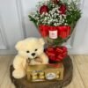Kit - Buquê 3 Rosas Vermelha, Pelúcia 20cm, Ferrero Rocher 8 Unidades