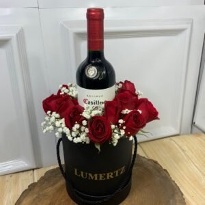 Box Redonda de 15 Rosas Vermelhas e Vinho Casillero 750ml