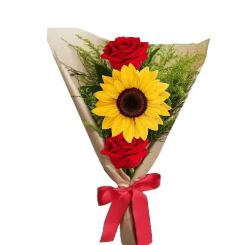Buquê de 2 Rosas Vermelhas e 1 Girassol