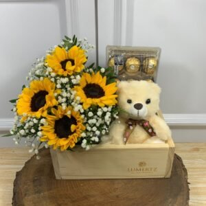 Box Madeira - 4 Girassóis, Urso 12cm, e Ferrero Rocher 12 Unidades