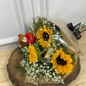 Buquê de 3 Girassóis - Com Ursinho e Ferrero Rocher 3 Unidades