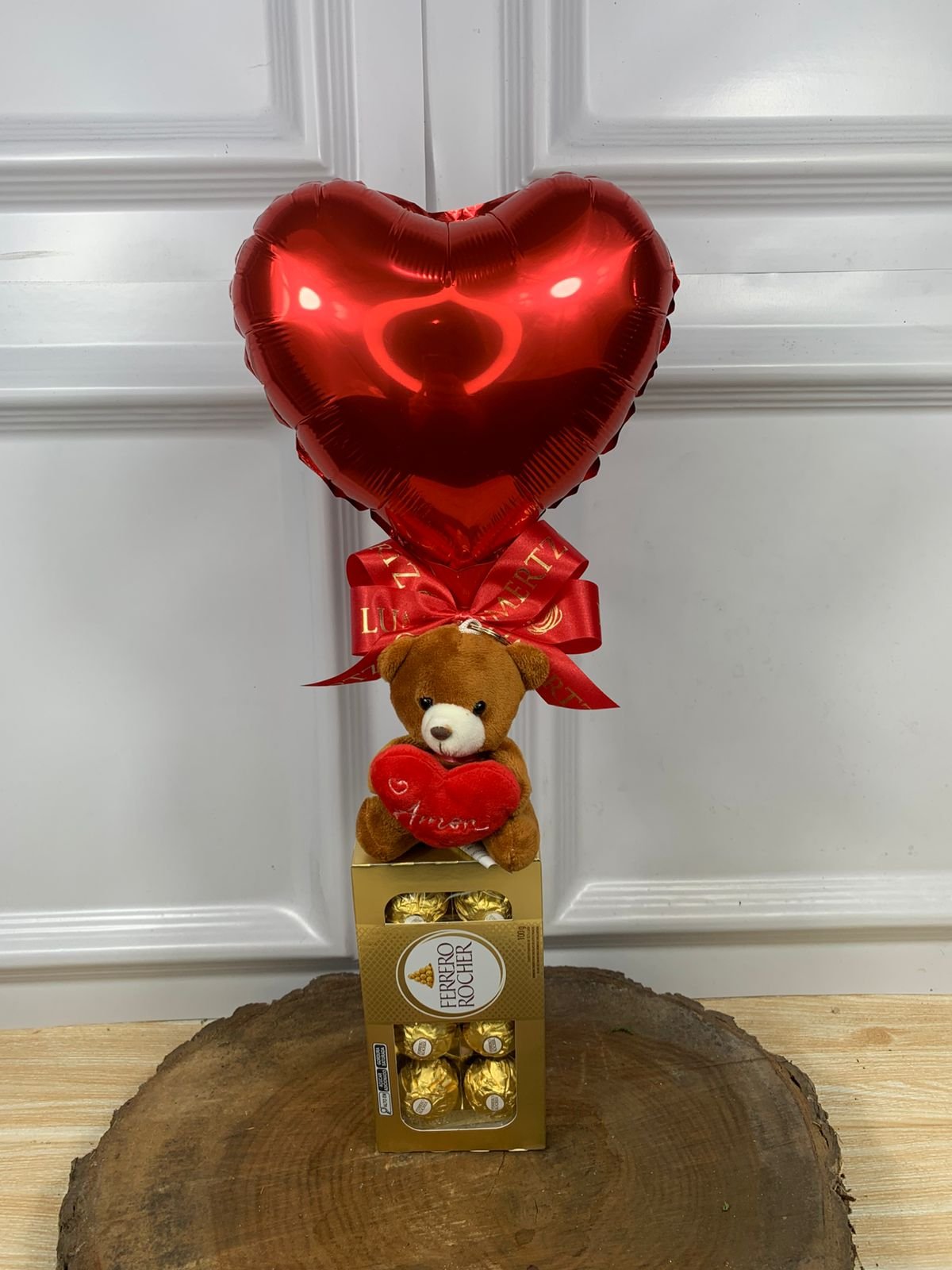 Kit - Ursinho Chaveiro, Ferrero Rocher 8 Unidades, Balão Coração