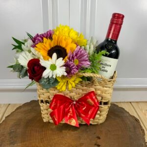 Cestinha Rústica de Flores do Campo e Mini Vinho Casillero Cabernet Sauvignon 375ml